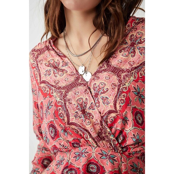 FREE PEOPLE Pink Red Hibiscus Combo Floral Paisley Peplum Top/Blouse Boho XS - Picture 10 of 12